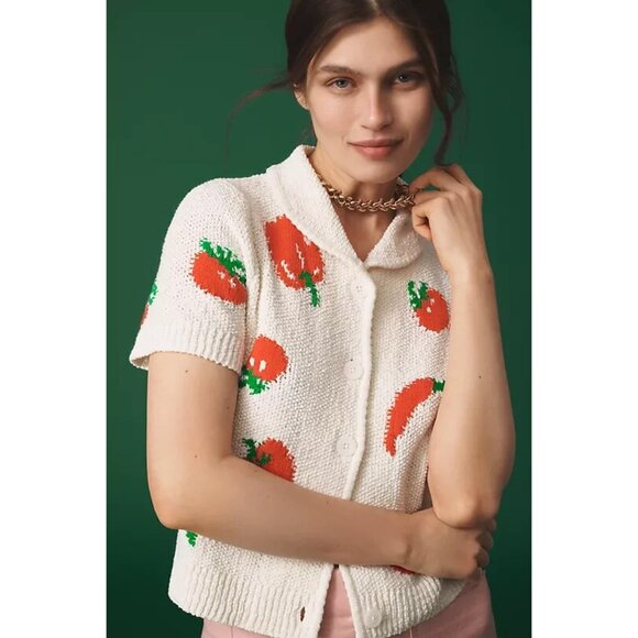 NWT Size XXS - Maeve Veggie Motif Graphic Sweater Tomato Collared Cardigan - Picture 4 of 16